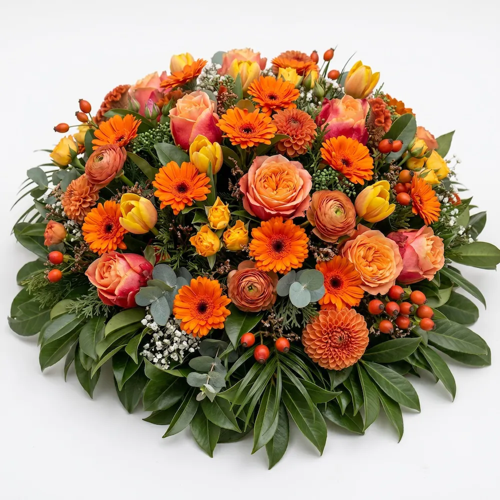 Coussin de fleurs orangé pour deuil Aurore avec roses, gerberas et tulipes pour livraison obsèques