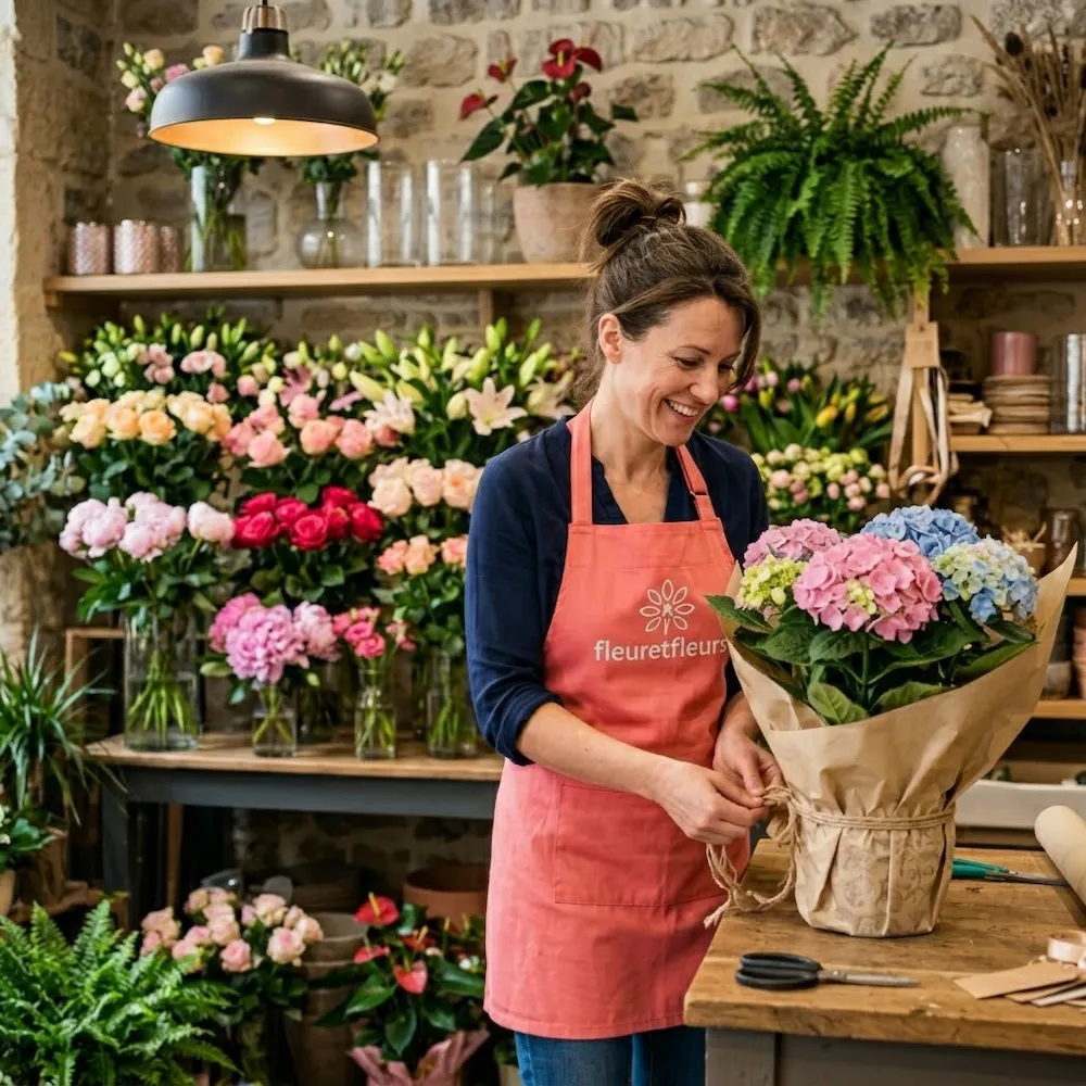 Fleuriste de l'enseigne fleuretfleurs emballant soigneusement une plante d'hortensia rose et bleu avec du papier kraft et de la ficelle dans sa boutique.