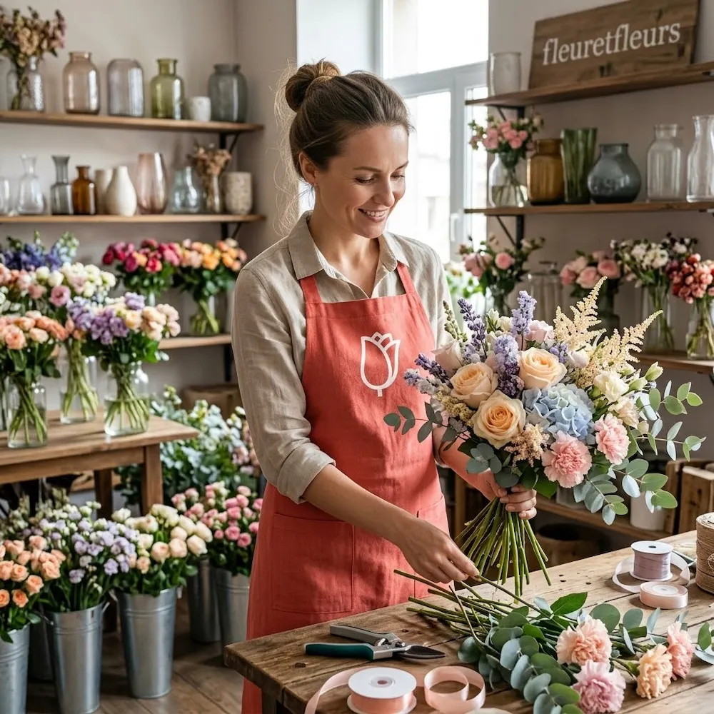 Artisan fleuriste souriante composant un grand bouquet de fleurs fraîches aux tons pastel avec des roses et des feuillages sur une table d'atelier.