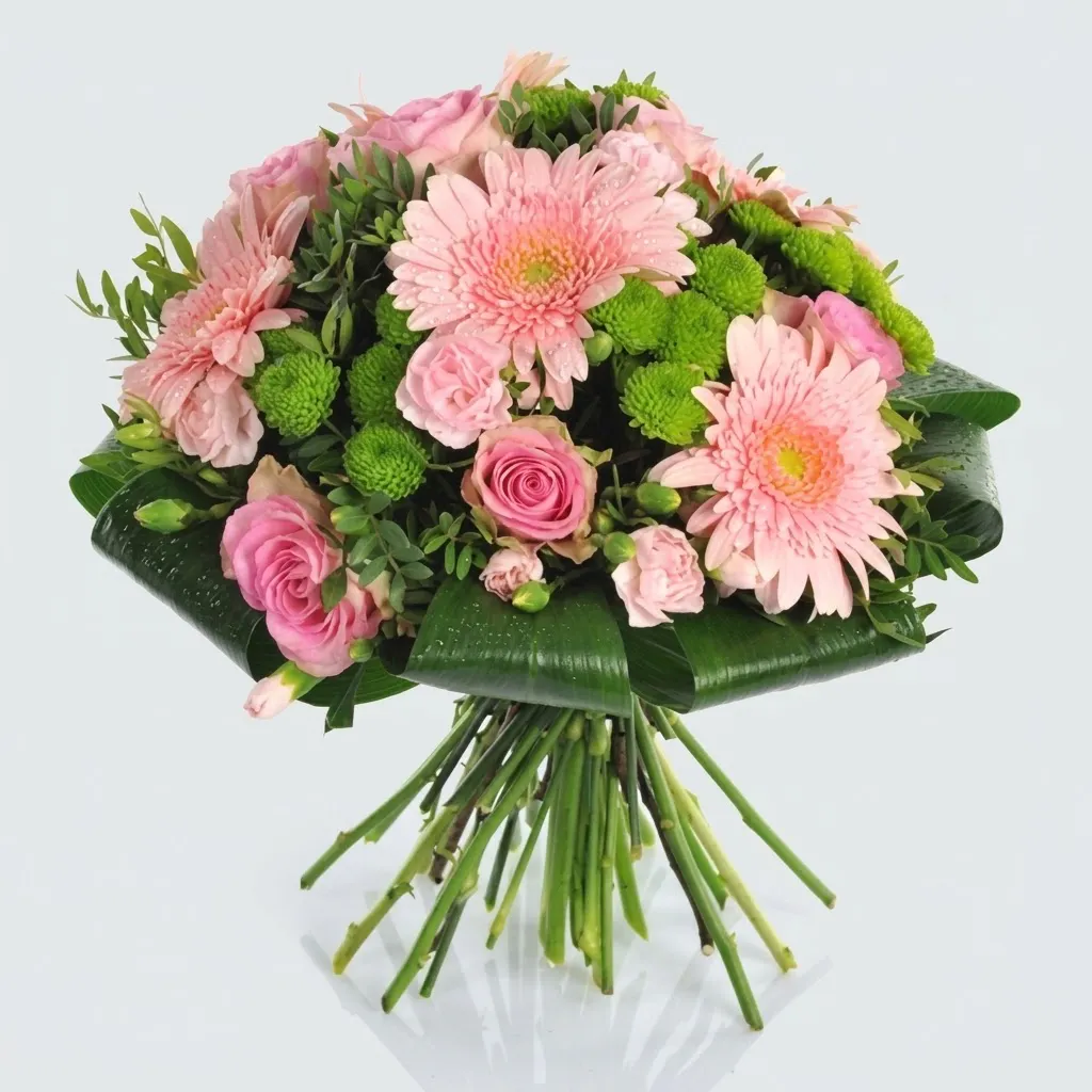 Bouquet rond moderne Caprice avec gerberas roses, roses, chrysanthèmes pompons verts et feuilles d'aspidistra pliées
