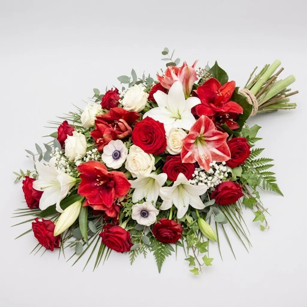 Gerbe de fleurs de deuil tons chauds avec roses rouges, amaryllis et lys blancs pour obsèques