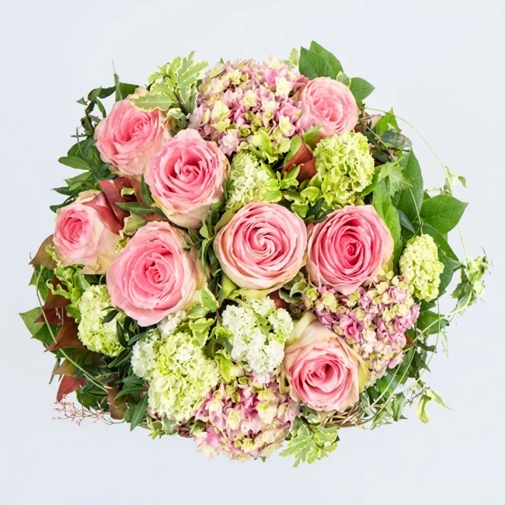 Bouquet rond romantique Beauté avec roses roses, hortensias verts et roses et feuillage délicat