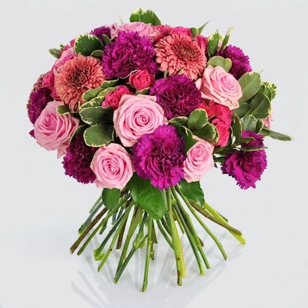 Bouquet de fleurs rond Éclat Fuchsia avec roses roses et œillets fuchsia et violets