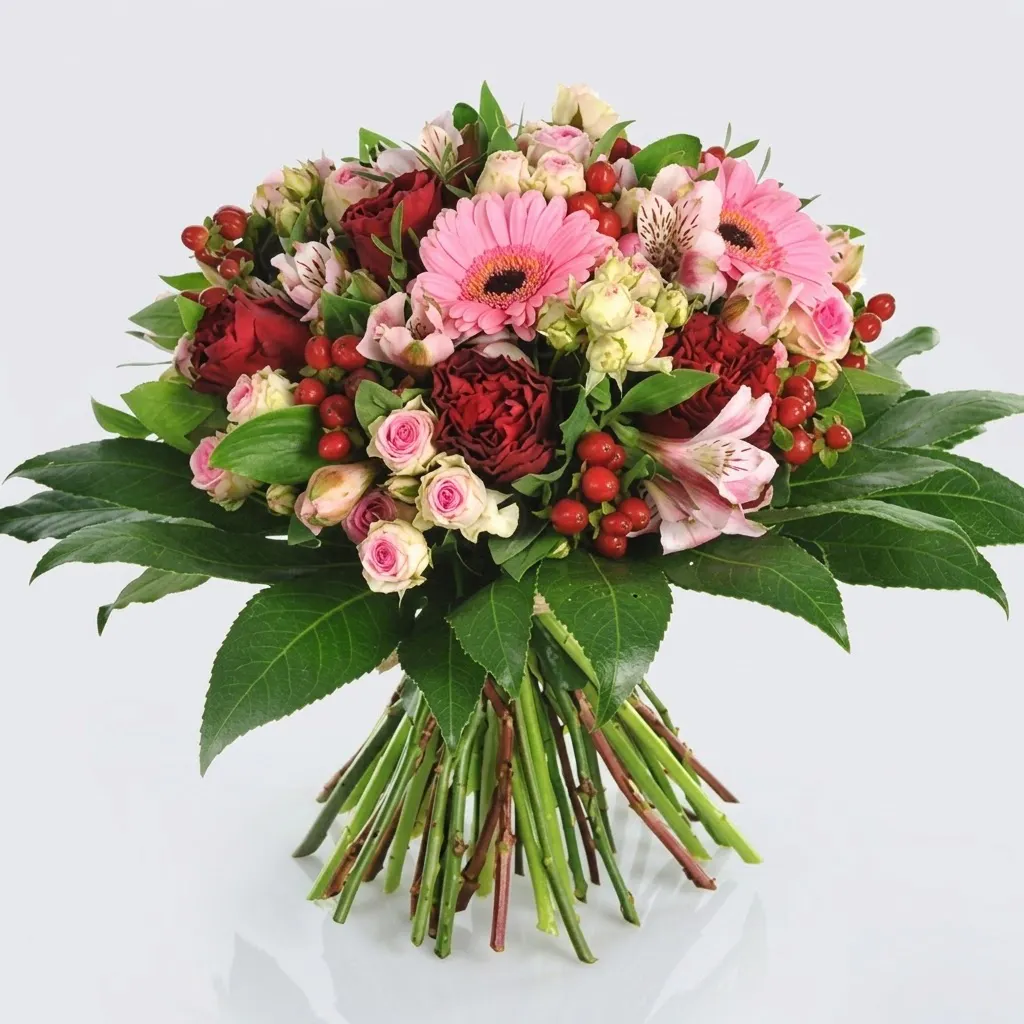 Bouquet rond romantique Paris avec roses rouges, gerberas roses, alstroemerias et baies d'hypericum