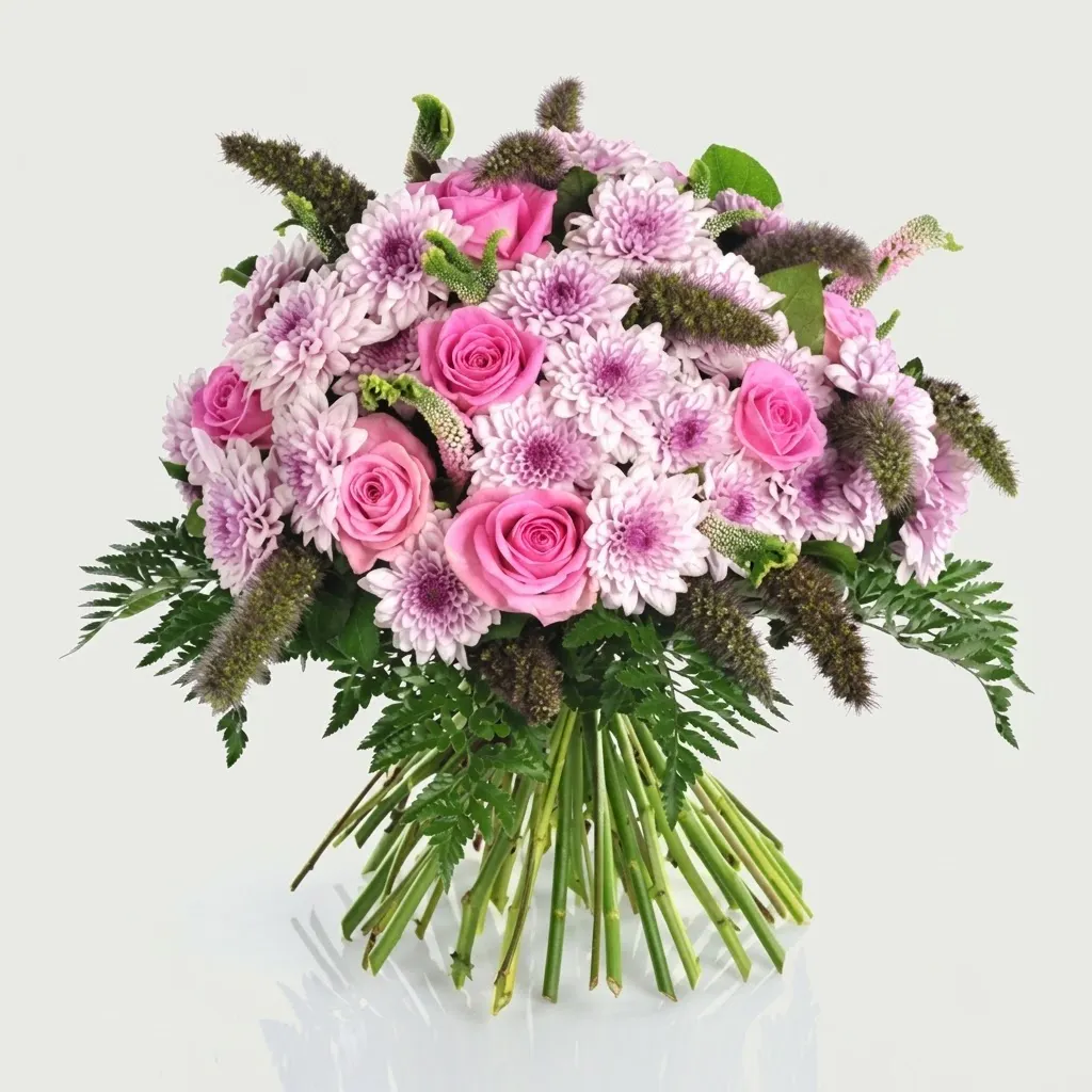 Bouquet champêtre dans les tons rose et mauve avec roses, chrysanthèmes et amarante verte retombante