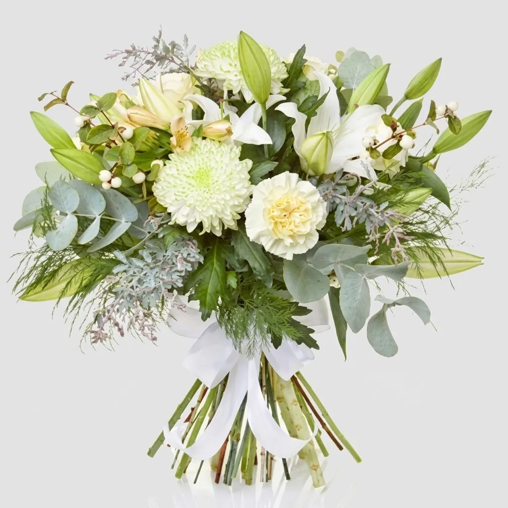 Bouquet de fleurs blanches élégant avec lys, chrysanthèmes, eucalyptus et ruban blanc