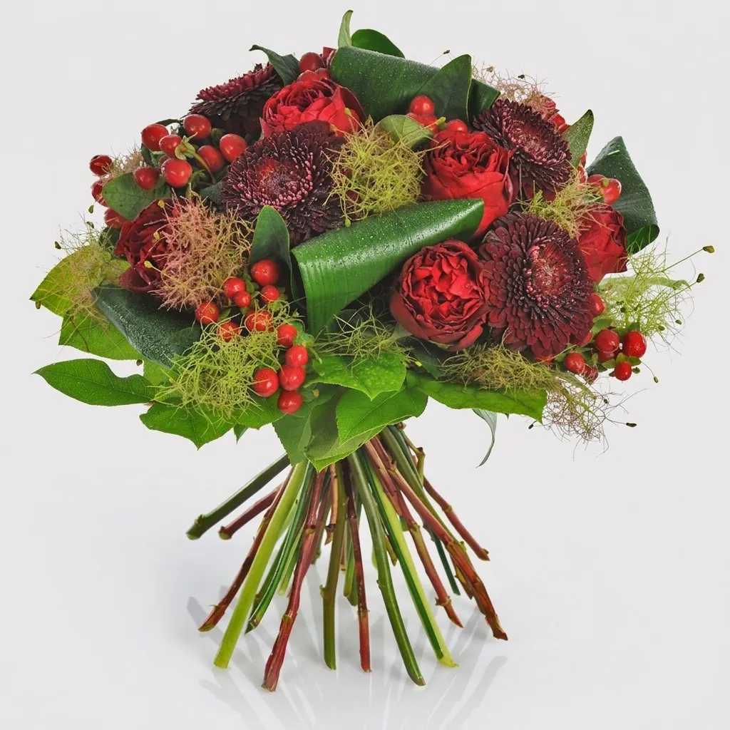 Bouquet de fleurs rond Obsession avec roses rouges, gerberas bordeaux, baies d'hypericum et feuillage structuré