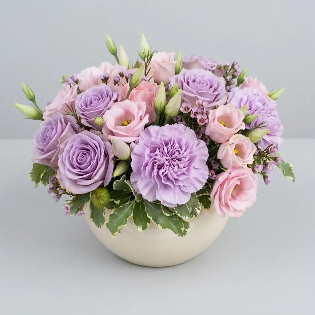 composition dense de roses lavande, d'œillets mauves, de lisianthus rose tendre, et de petites fleurs de remplissage violettes, le tout accentué par un feuillage de pittosporum panaché