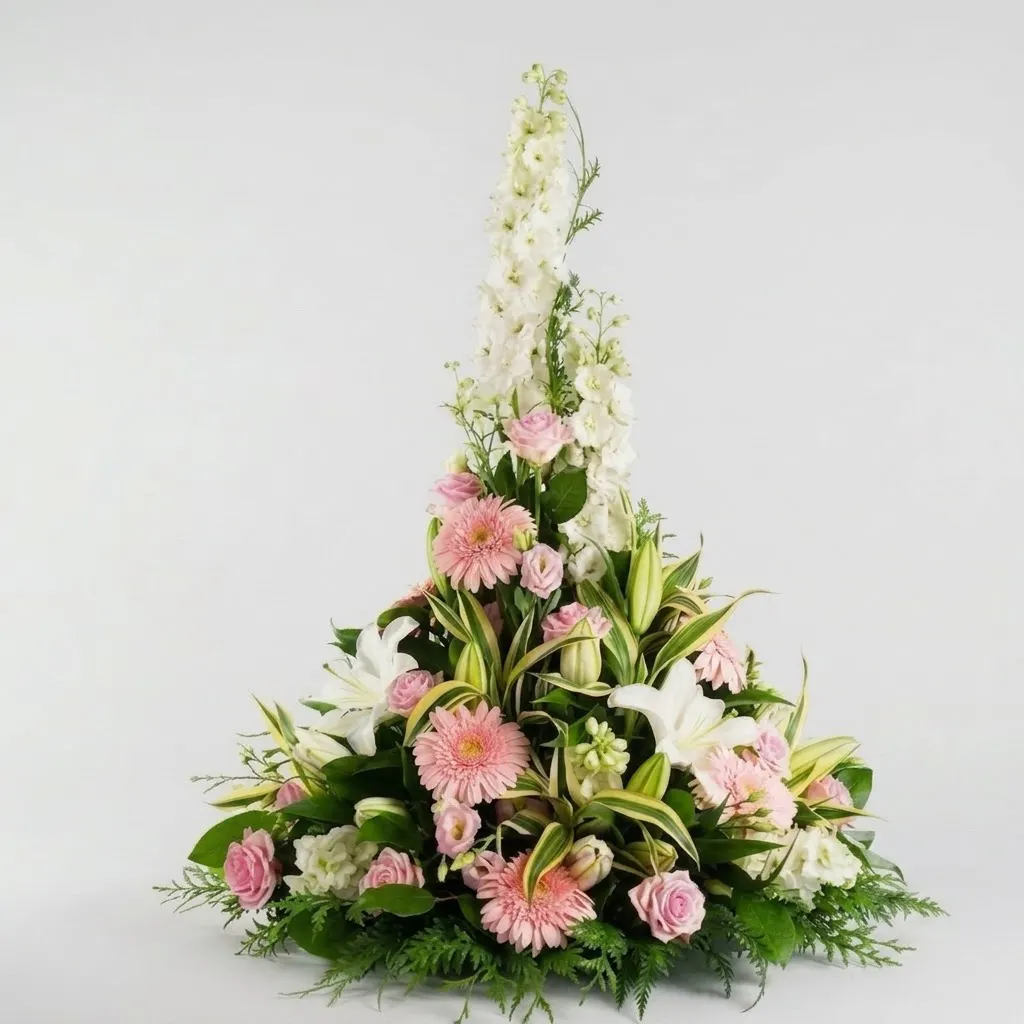 Coussin conique de fleurs de deuil en hauteur avec gerberas roses, lys blancs et roses