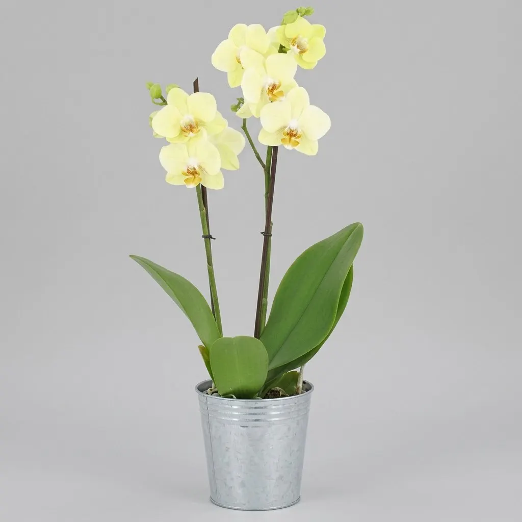 Orchidée Phalaenopsis jaune vanille à deux hampes florales dans un cache-pot en zinc galvanisé